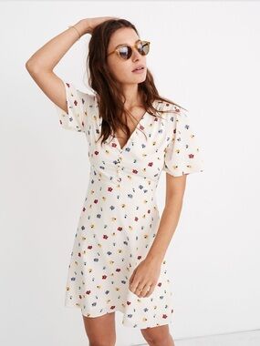 Madewell Ivory Mini Dress with Red, Blue & Yellow Floral Print
